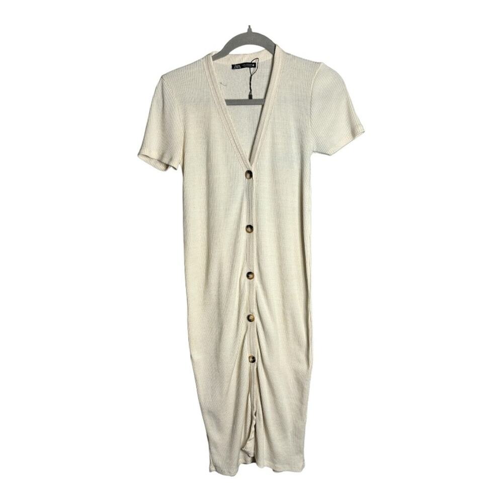 Zara Cream Button Front Ribbed Short Sleeve Midi Dress Small